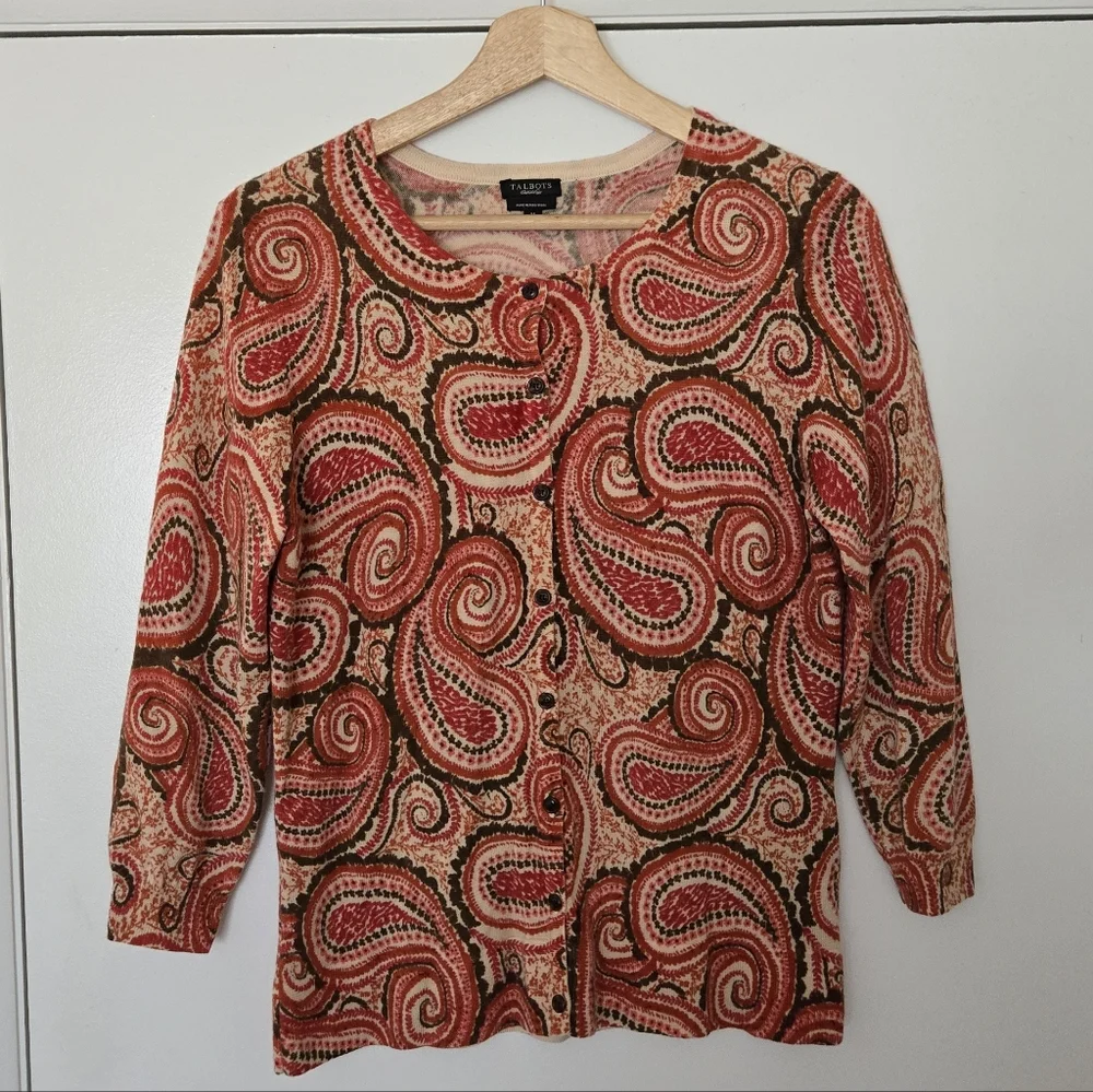 Talbots Size M 100% Merino Wool 3/4 Sleeve Paisley Cardigan